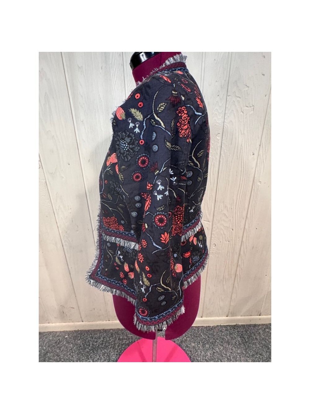 LOFT Primevira Strawberry Embroidered Fringe Open Black Red jacket size 4 - Picture 11 of 16